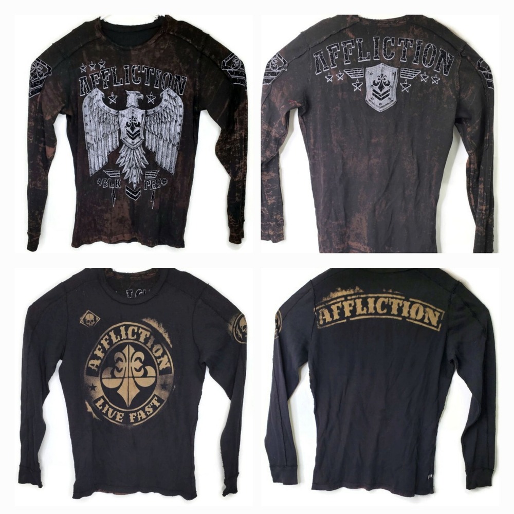 Vtg Y2K Affliction Reversible Thermal Waffle Long Sleeve Shirt Large Eagle Black